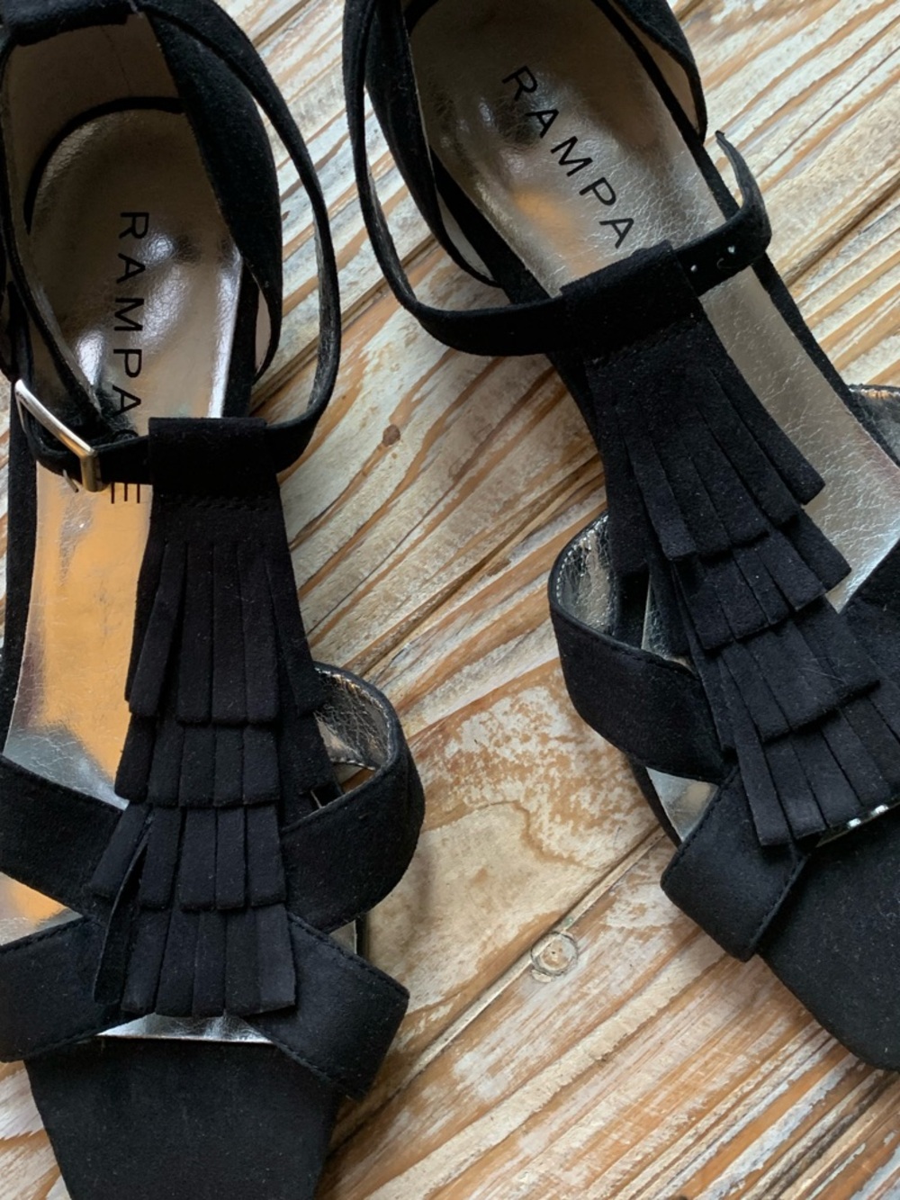 Rampage Black Faux Suede Fringe T-Strap Wedge Sandals Size 7.5 Bohemian Boho